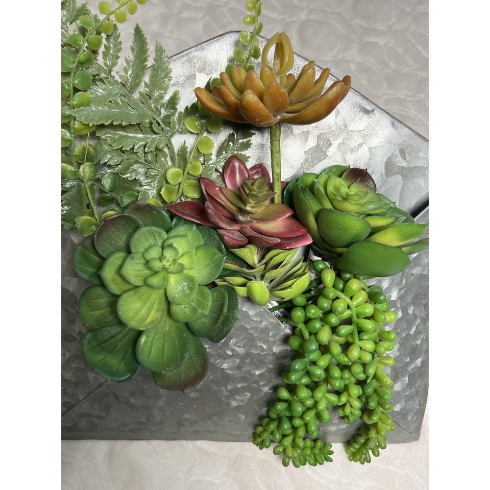 Galvanized Metal Wall Pocket Planter Envelope w/ Faux Succulents Home Decor - Picture 3 of 6